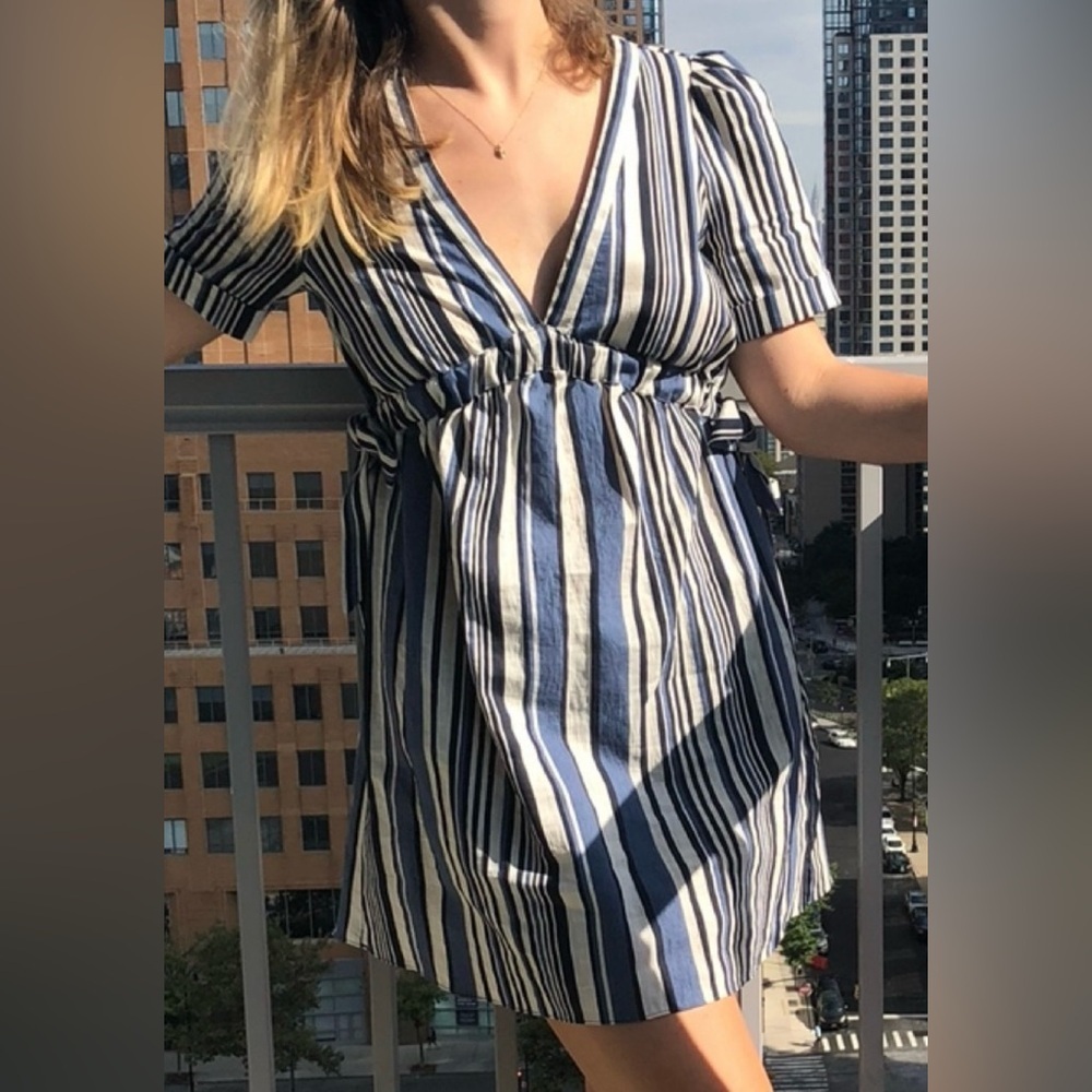 Zara Trafaluc Blue Striped Dress Cotton Linen Puff Sleeve Empire Chic Medium